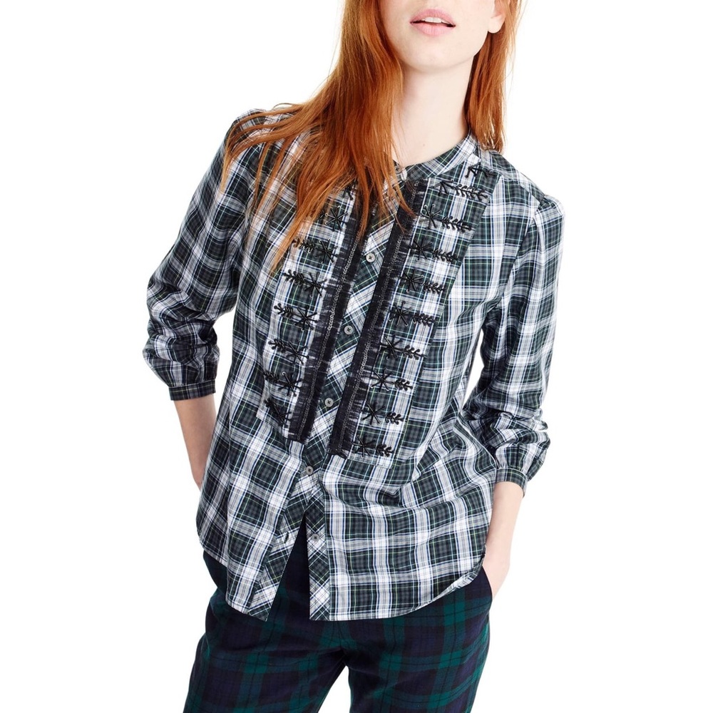 J Crew Tartan Plaid Embellished Button Blouse